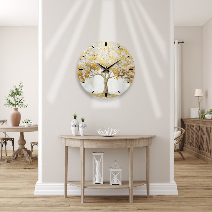 Gold Tree of Life Glass Wall Clock – White and Gold Modern Decor