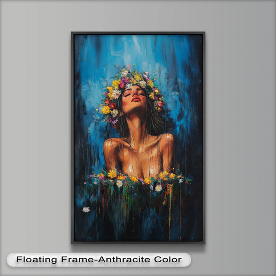 High-quality oil painting art prints showcase visible brushstrokes and rich texture, capturing the ethereal beauty of a floral-crowned woman in vivid colors.