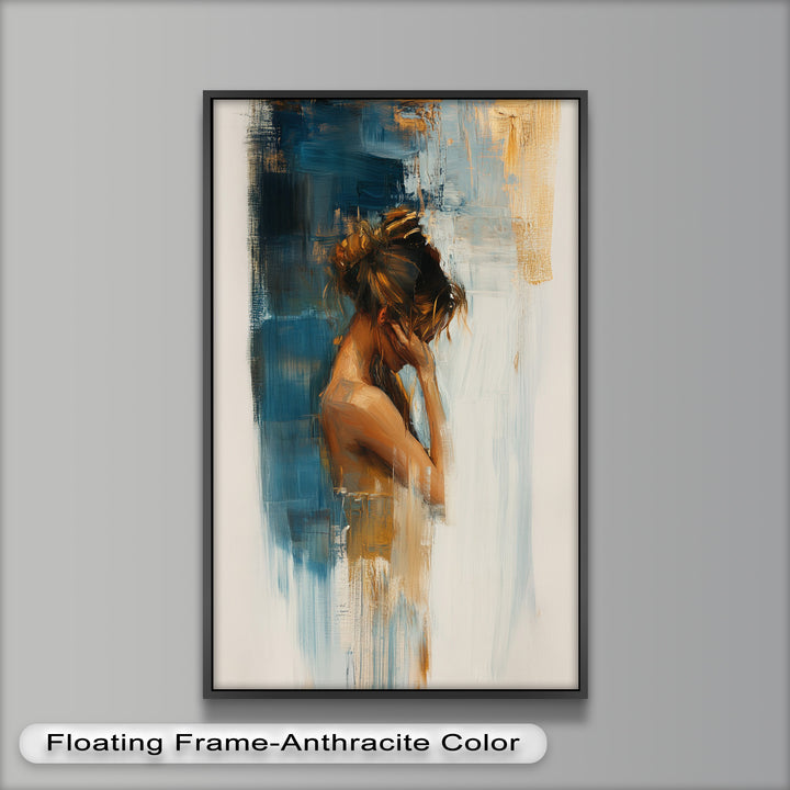 Veil of Thought – Introspective Woman in Blue and Gold Abstract Oil Painting