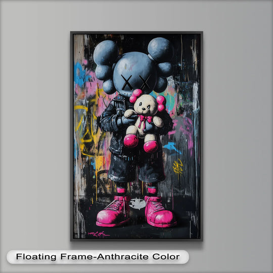 The tender teddy bear held by the iconic figure is the focal point of this vibrant KAWS oil painting artwork, showcasing raw street art energy.