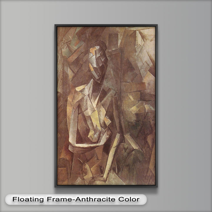 A subdued cubist composition with angular forms suggesting a pensive figure, blending seamlessly into a textured background.

