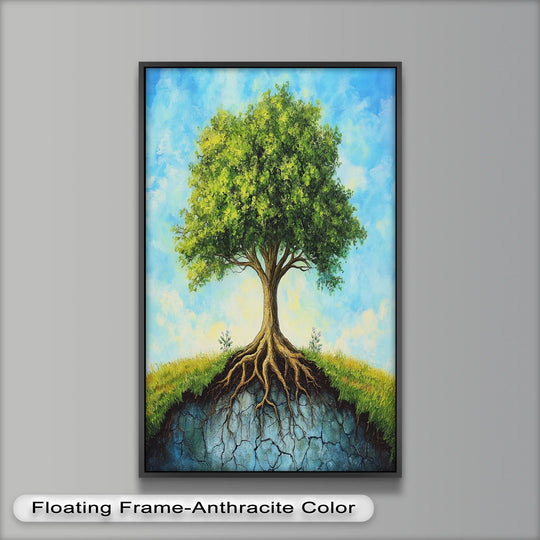 Light and shadow define the depth and texture in this modern oil painting art, showcasing a firmly planted tree of faith with its roots exposed.