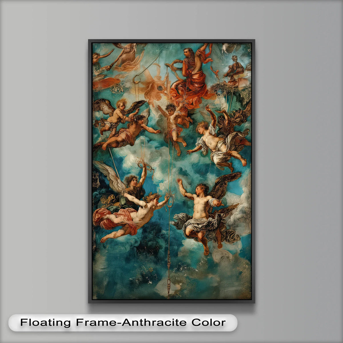 Visual rhythm is created through the swirling composition of angels and deities in this Renaissance-style oil painting home decor piece.