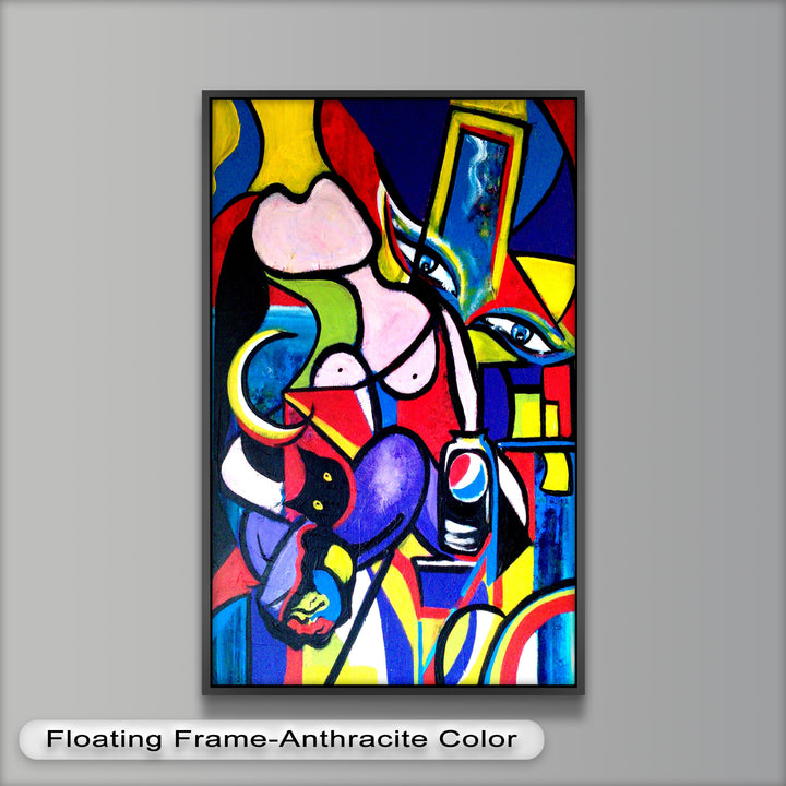 A visually intense painting that merges cubist forms with surreal elements and commercial imagery in a playful, chaotic style.