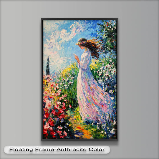 Textured brushstrokes define the woman's flowing gown and the vibrant wildflowers, highlighting the beauty of this oil painting art prints piece.