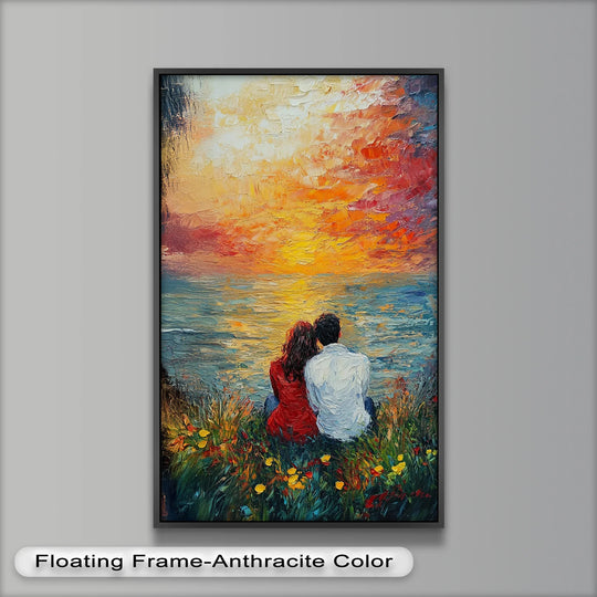 Featuring a floating frame-anthracite color, the Lovers at Sunset modern oil painting art showcases a romantic couple watching the sunset in warm hues.