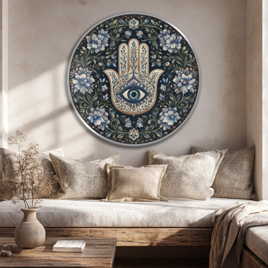 Floral Hamsa protection is the focal point of this round oil painting home decor, showcasing a symbolic eye motif surrounded by elegant floral details on wood.
