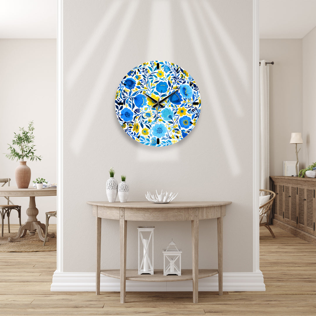 Blue and Yellow Floral Glass Wall Clock – Botanical Decor