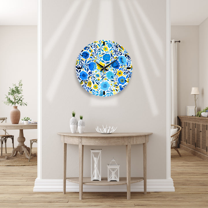 Blue and Yellow Floral Glass Wall Clock – Botanical Decor