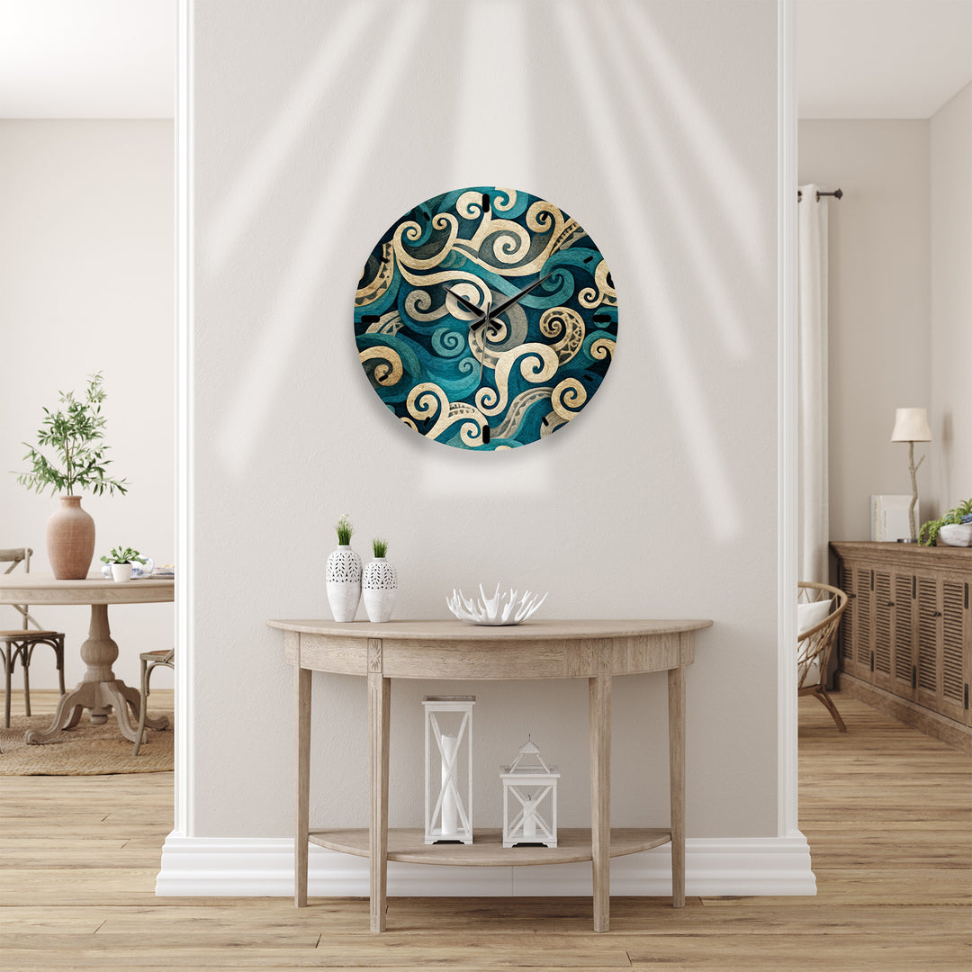 Teal Spiral Glass Wall Clock – Blue and Beige Abstract Swirl Art