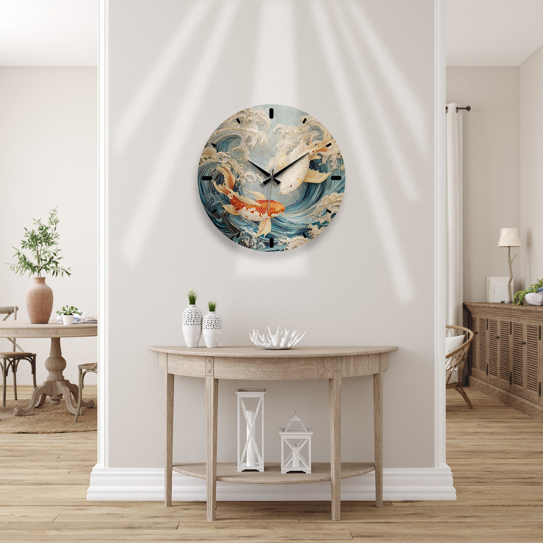 Japanese Koi Fish Glass Wall Clock – Blue Ocean Wave Art