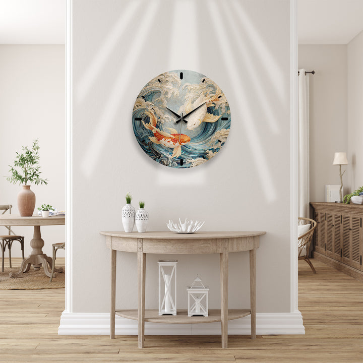Japanese Koi Fish Glass Wall Clock – Blue Ocean Wave Art