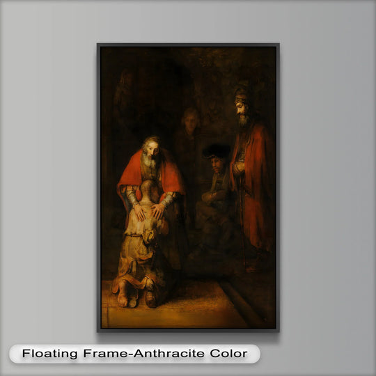 Foreground detail emphasizes the emotional intensity of this oil painting artwork, 'Return of the Lost Son,' a Baroque scene of forgiveness and grace rendered in rich, shadowed tones.