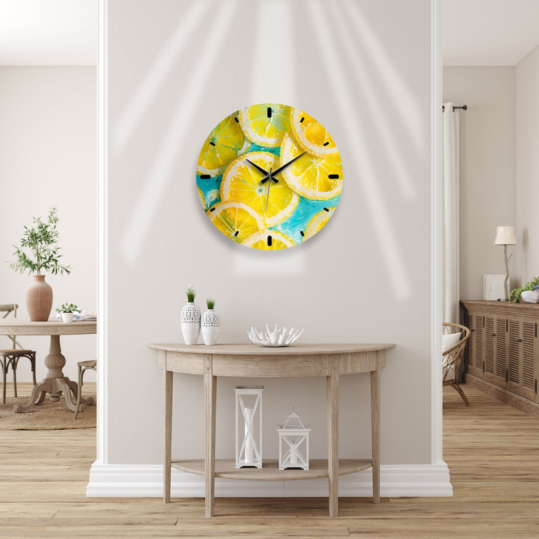 Yellow Lemon Glass Wall Clock – Bright Citrus Kitchen Decor