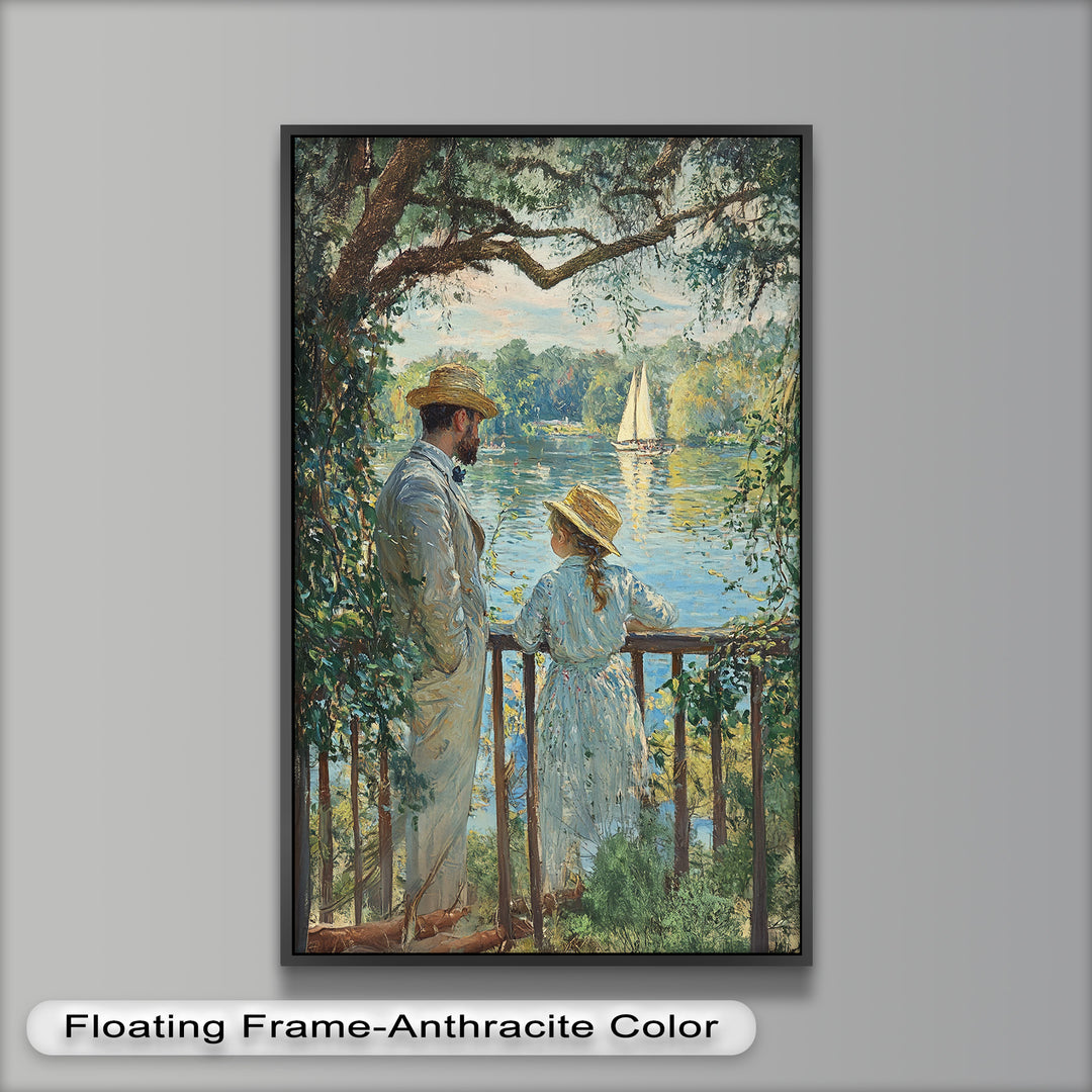 Father and Daughter by the Lake - Impressionist Oil Painting