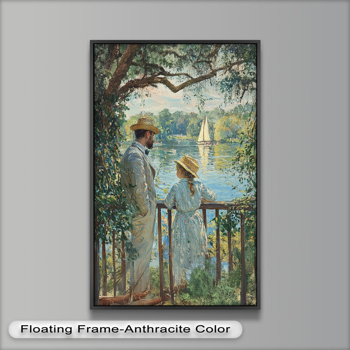 Father and Daughter by the Lake - Impressionist Oil Painting