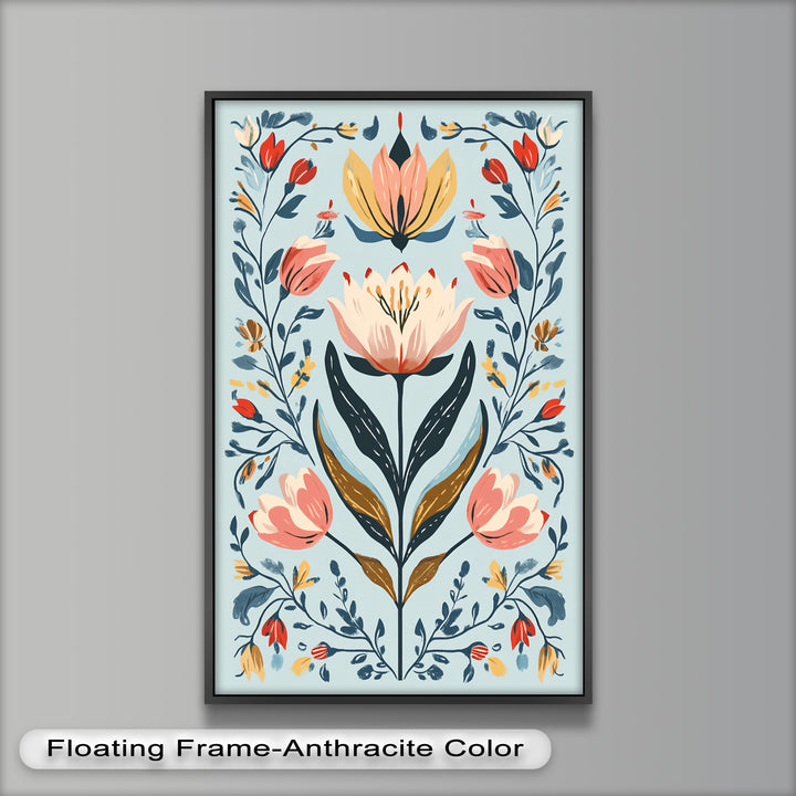 Folk-inspirierte Tulpenharmonie – Boho-Blumenölgemälde