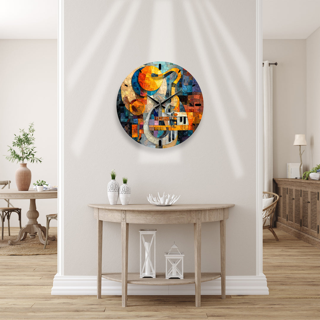 Music Glass Wall Clock – Treble Clef and Piano Mosaic Decor