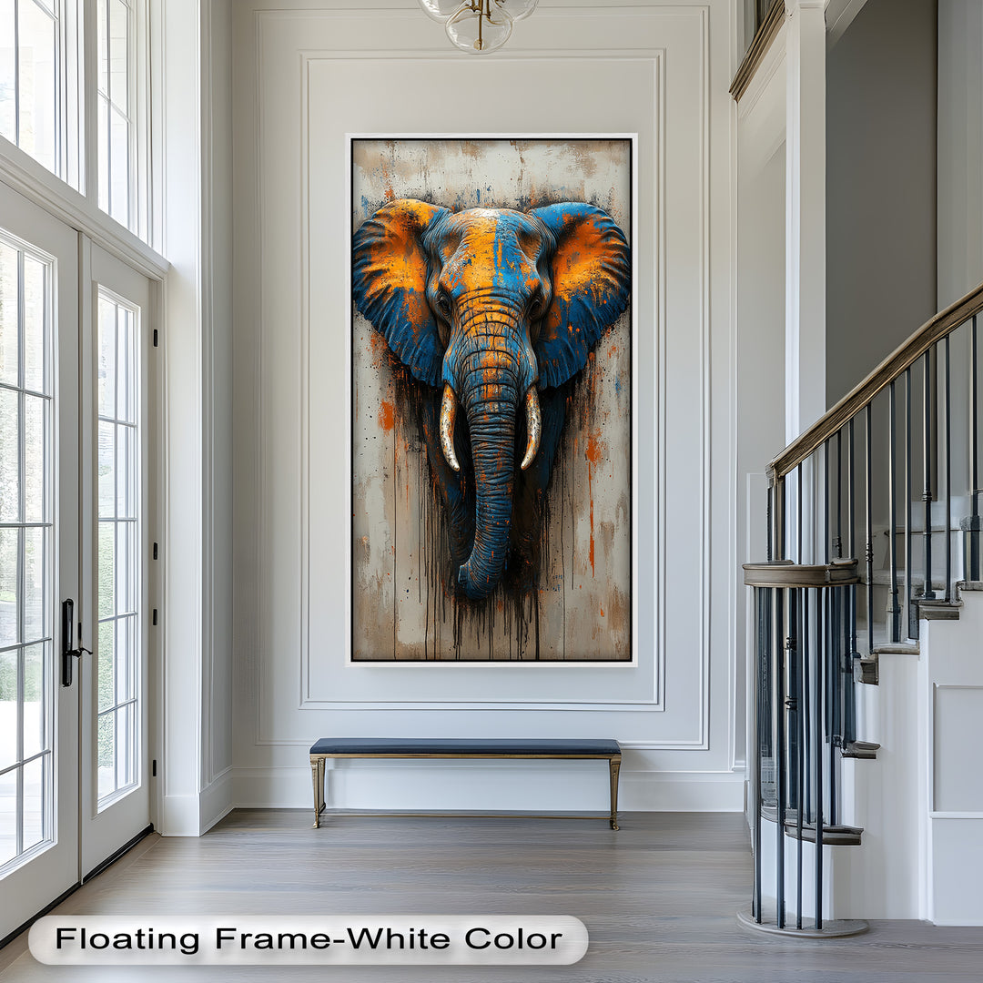 Blue and Orange Elephant Portrait - Animal Oil Painting