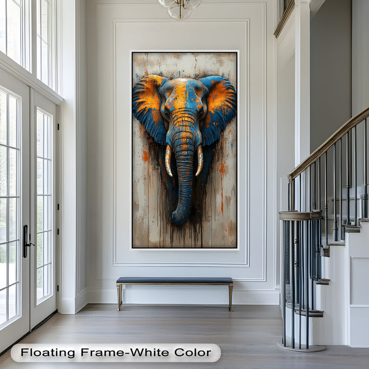 Blue and Orange Elephant Portrait - Animal Oil Painting