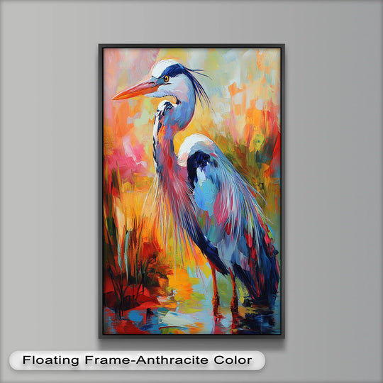 Light and shadow emphasize the vibrant colors of this heron oil painting art piece, casting dynamic contrasts across its abstract, fauvist design.