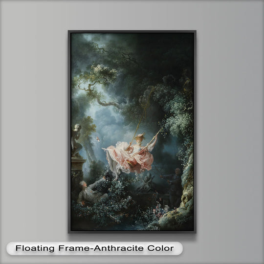 Sweeping motion defines this oil painting reproduction print that captures a Rococo garden scene, with a lady on a swing arcing through the light and shadow.