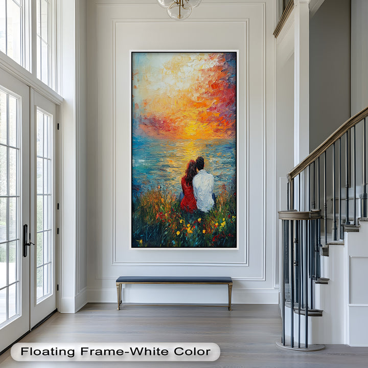 Together at Sunset – Romantic Couple by the Sea Oil Painting