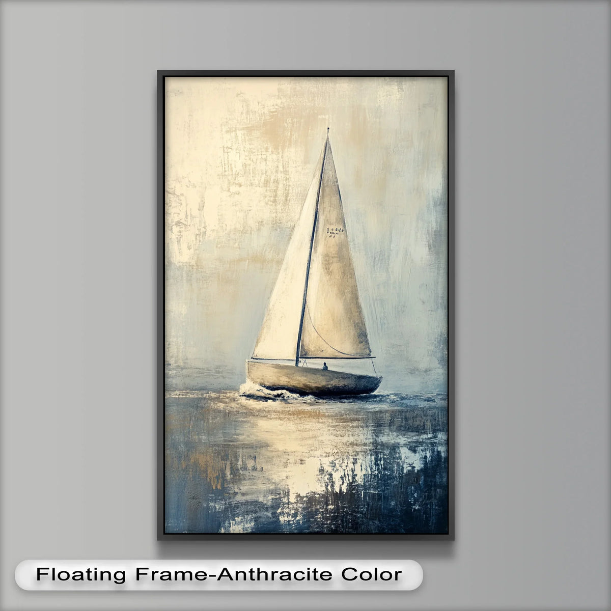 Sharp color contrast accentuates the sea's reflection in this serene Golden Sail minimalist boat oil painting artwork, casting subtle nautical hues throughout the coastal scene.