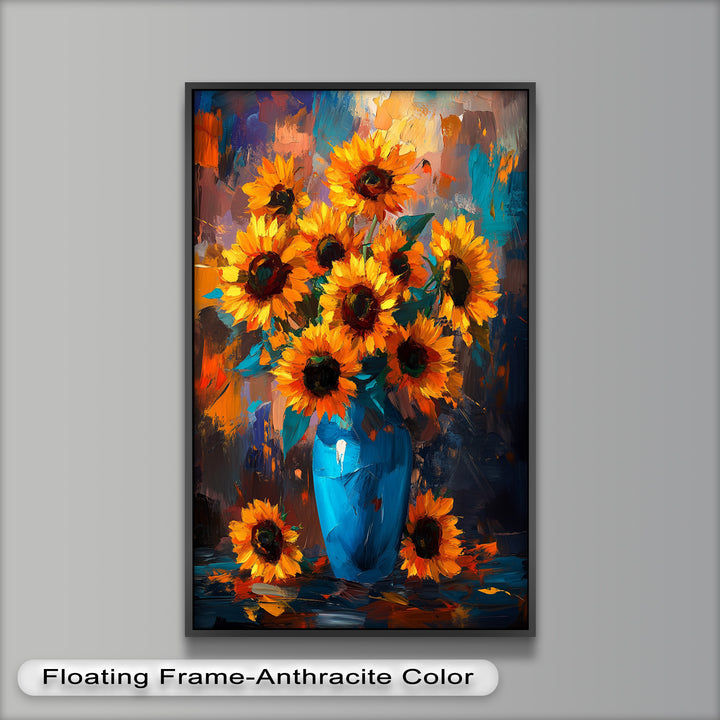 Sunlit Joy – Bold Sunflowers in Blue Vase Oil Painting