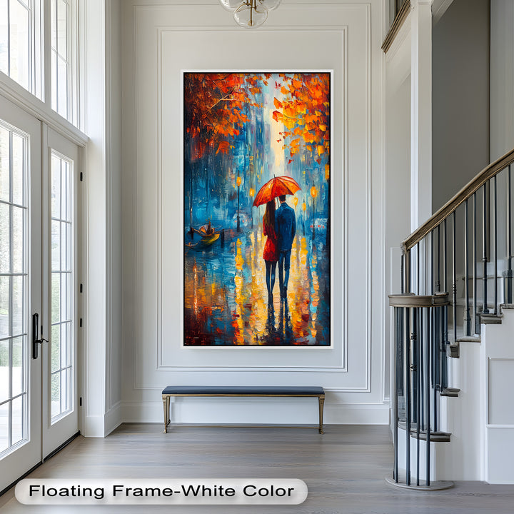 Romantic Couple Strolling Under Red Umbrella - Love Oil Painting