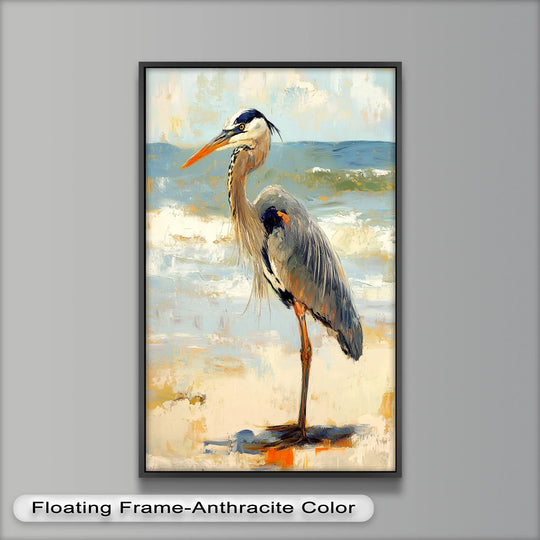 Framed with an anthracite color, this elegant heron standing on shoreline is displayed as a beautiful oil painting artwork with rich texture.