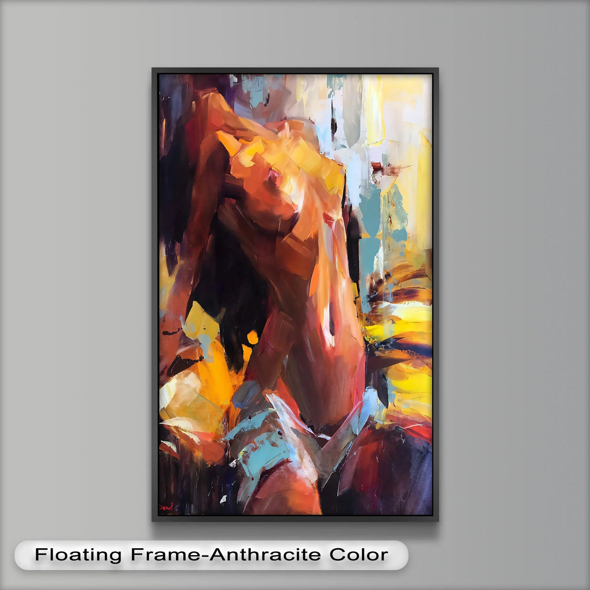 Framed with a sleek, dark border, the edge of this modern oil painting art accentuates the abstract nude figure with bold, fiery tones.