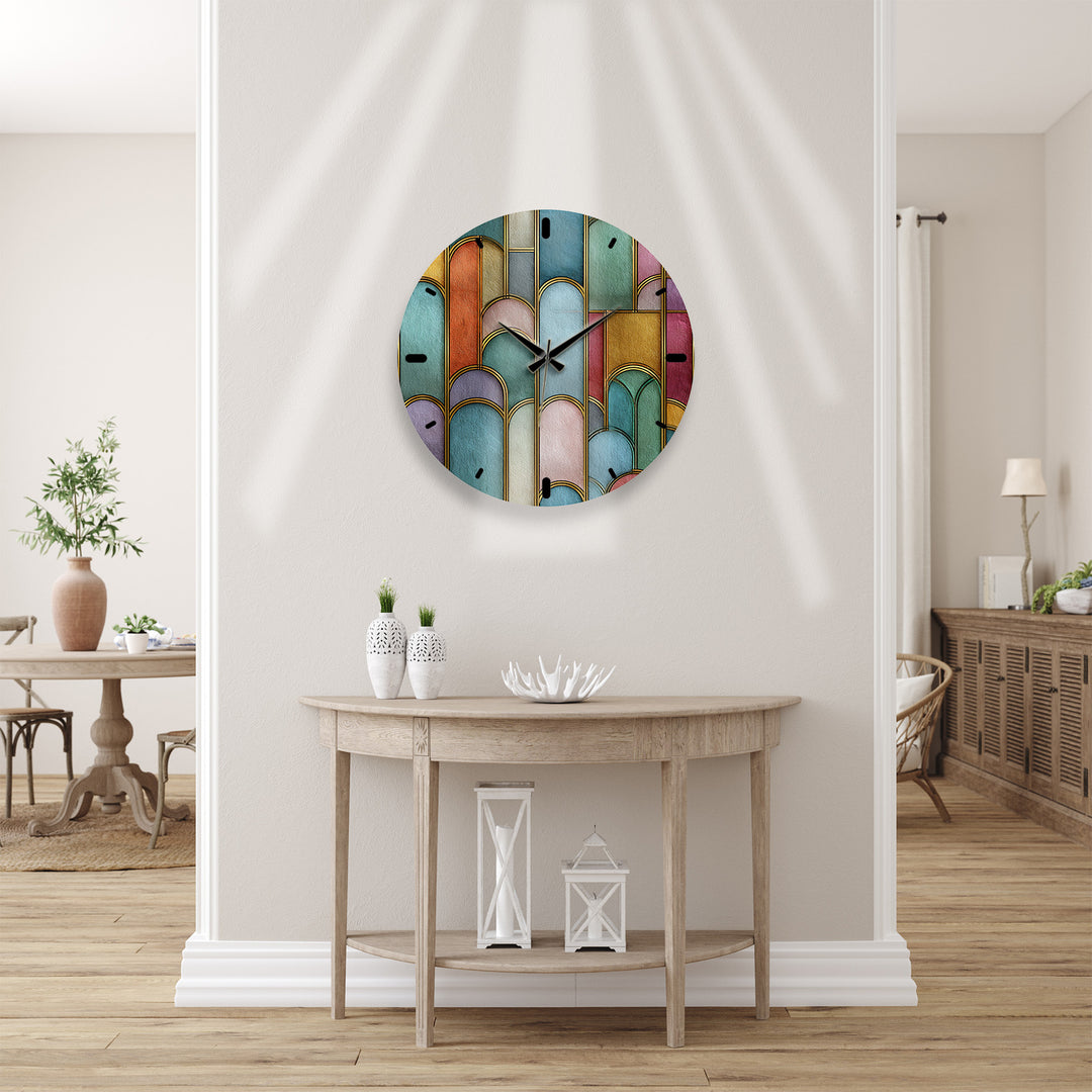 Art Deco Glass Wall Clock – Colorful Geometric Arch Decor