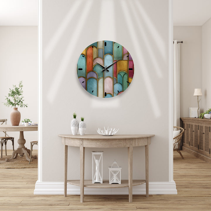 Art Deco Glass Wall Clock – Colorful Geometric Arch Decor