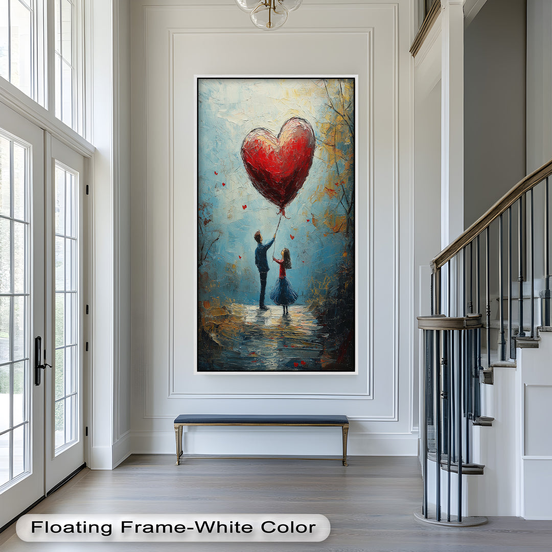 Heart Balloon Dreams – Whimsical Couple Love Oil Painting