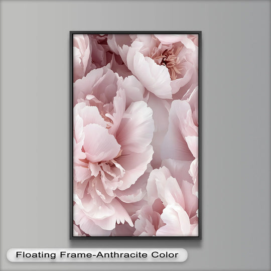 Featuring a floating anthracite frame, this blush pink peony flower is a striking oil painting artwork, with a unique finish that enhances its soft petal blooms.