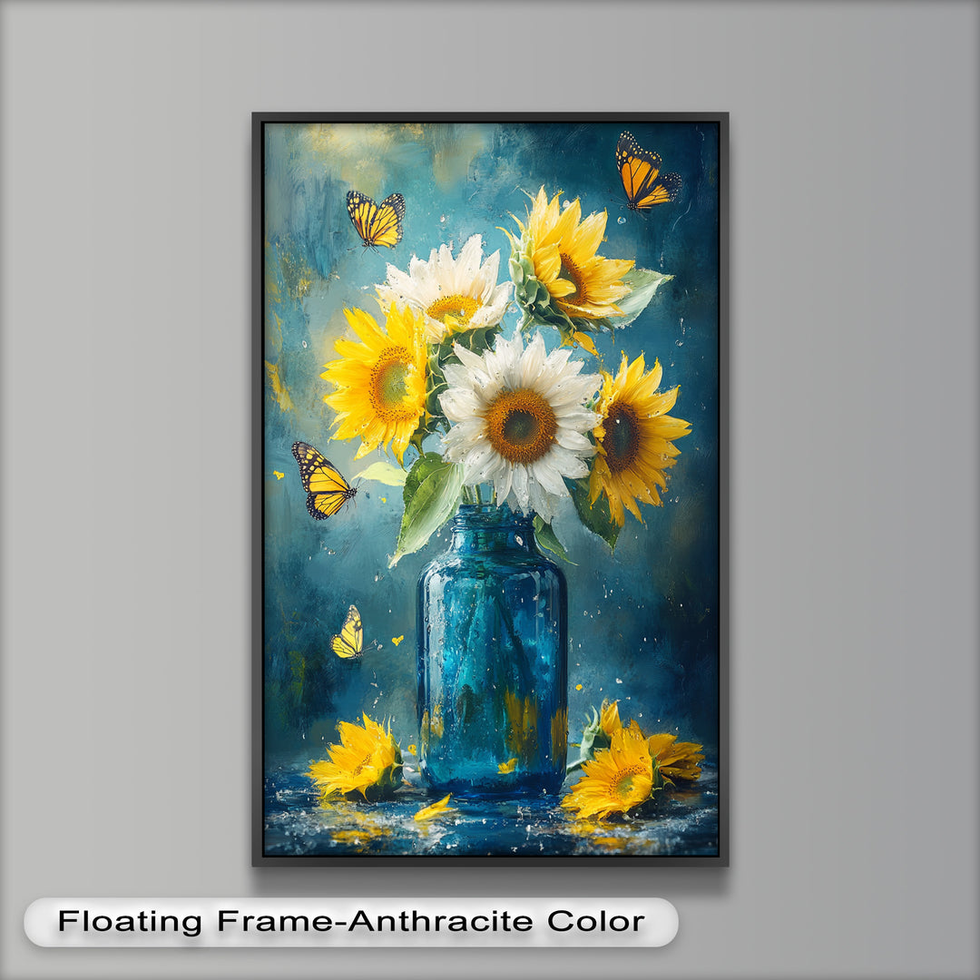 Sun-Kissed Radiance – Sunflowers in Blue Jar Flower Oil Painting