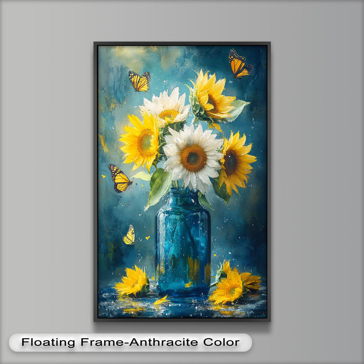 Sun-Kissed Radiance – Sunflowers in Blue Jar Flower Oil Painting