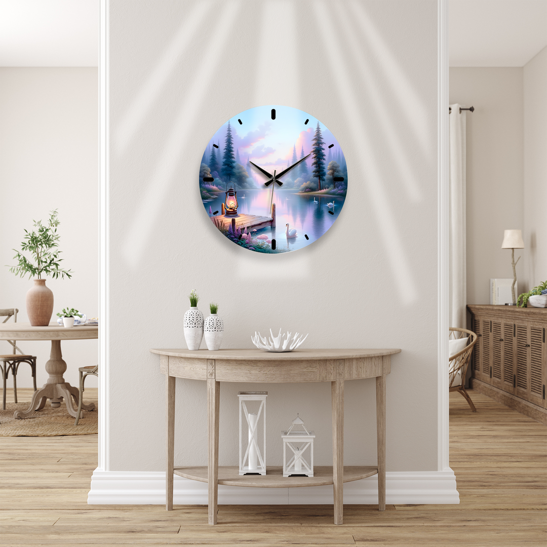 Swan Lake Glass Wall Clock – Pastel Forest Landscape