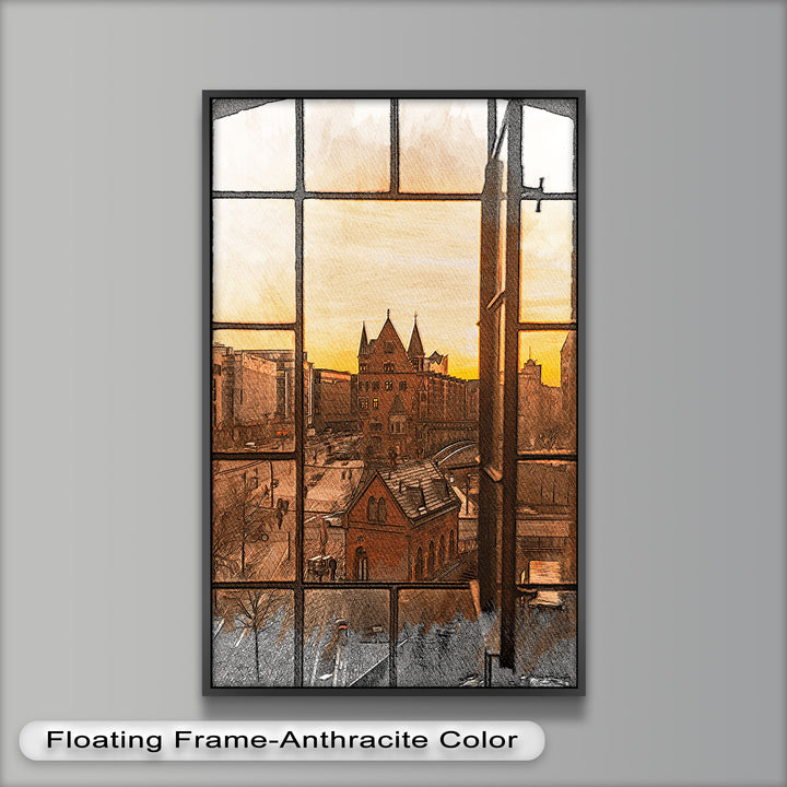 Sonnenuntergang über der Altstadt - Historisches Ölgemälde