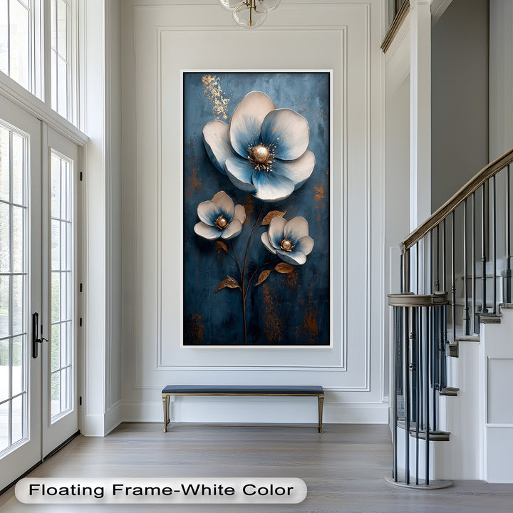 Deep Blue and Metallic Floral Elegance - Flower Oil Painting
