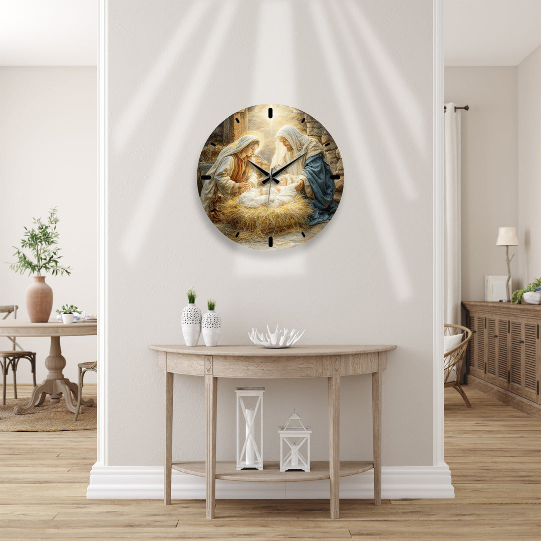 Nativity Scene Glass Wall Clock – Holy Family Christmas Decor