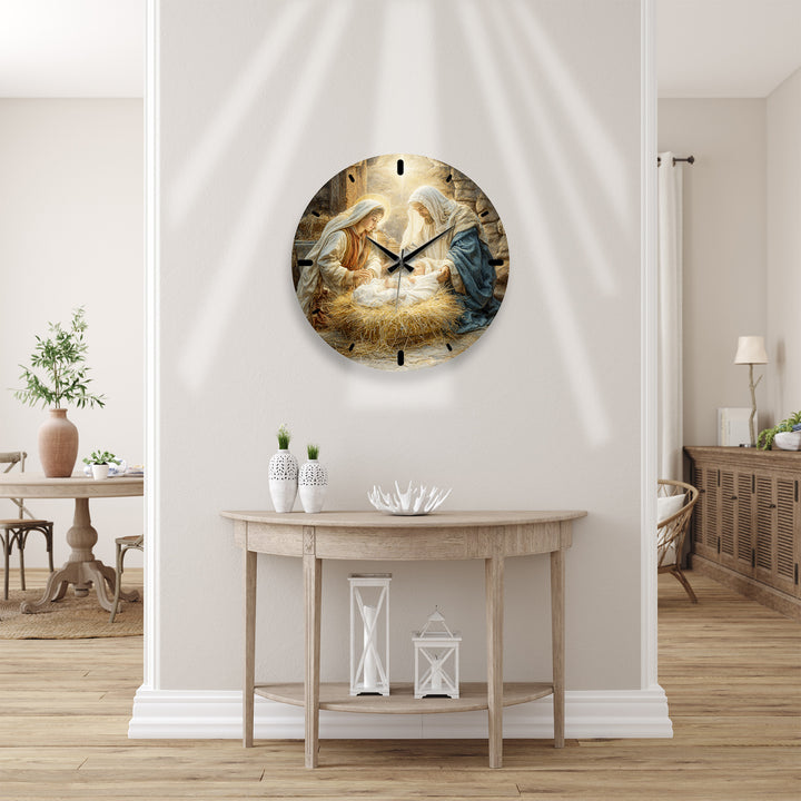 Nativity Scene Glass Wall Clock – Holy Family Christmas Decor