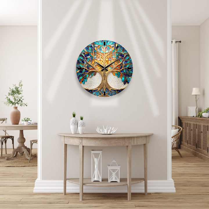Tree of Life Glass Wall Clock – Blue and Gold Mosaic Decor