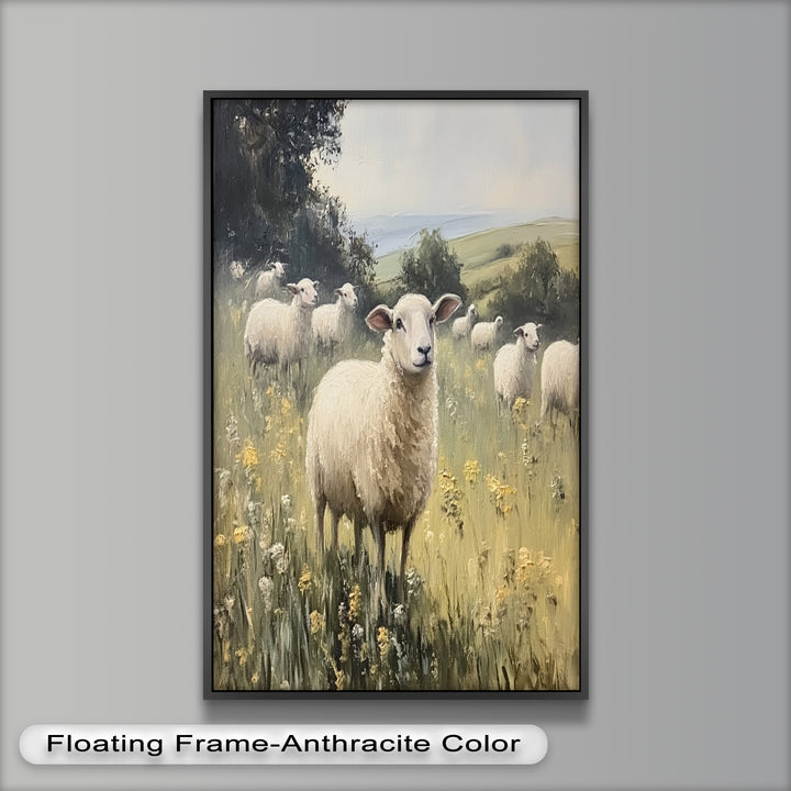 Sheep in Spring Meadow – Pastoral Oil Painting