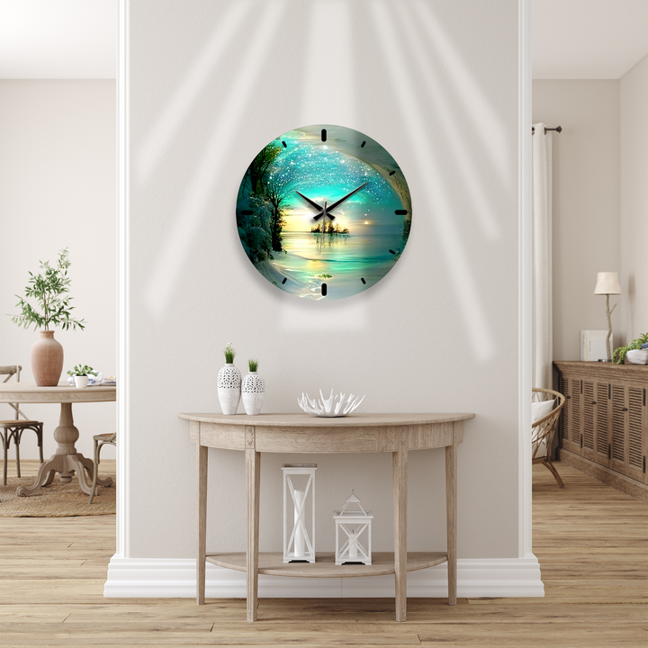 Enchanted Lake Glass Wall Clock – Turquoise Fantasy Landscape