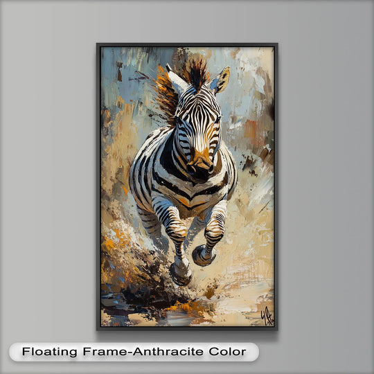 The textured background of this charging zebra oil painting wall art showcases a dynamic dust storm with earthy tones and powerful brushstrokes.