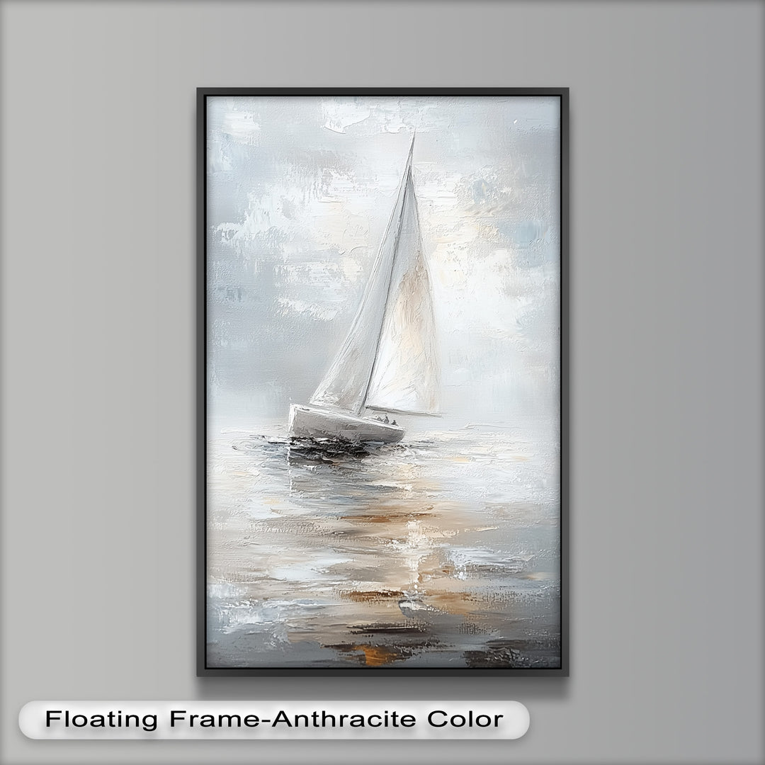 Sailing Through the Mist – White Boat Oil Painting