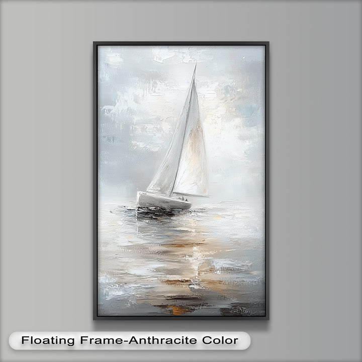 Sailing Through the Mist – White Boat Oil Painting