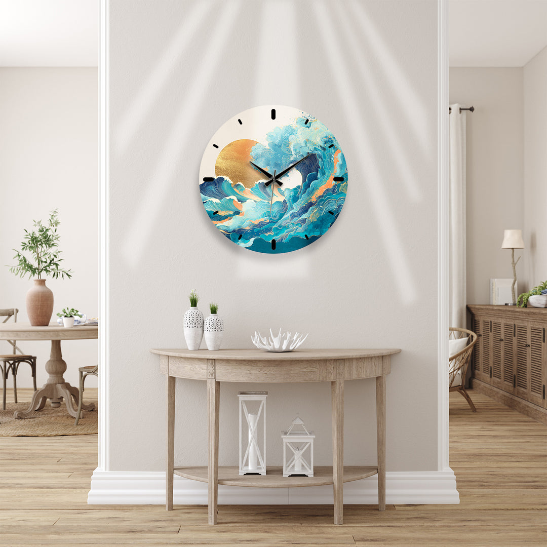 Japanese Wave Glass Wall Clock – Blue Ocean Sunset Art Decor